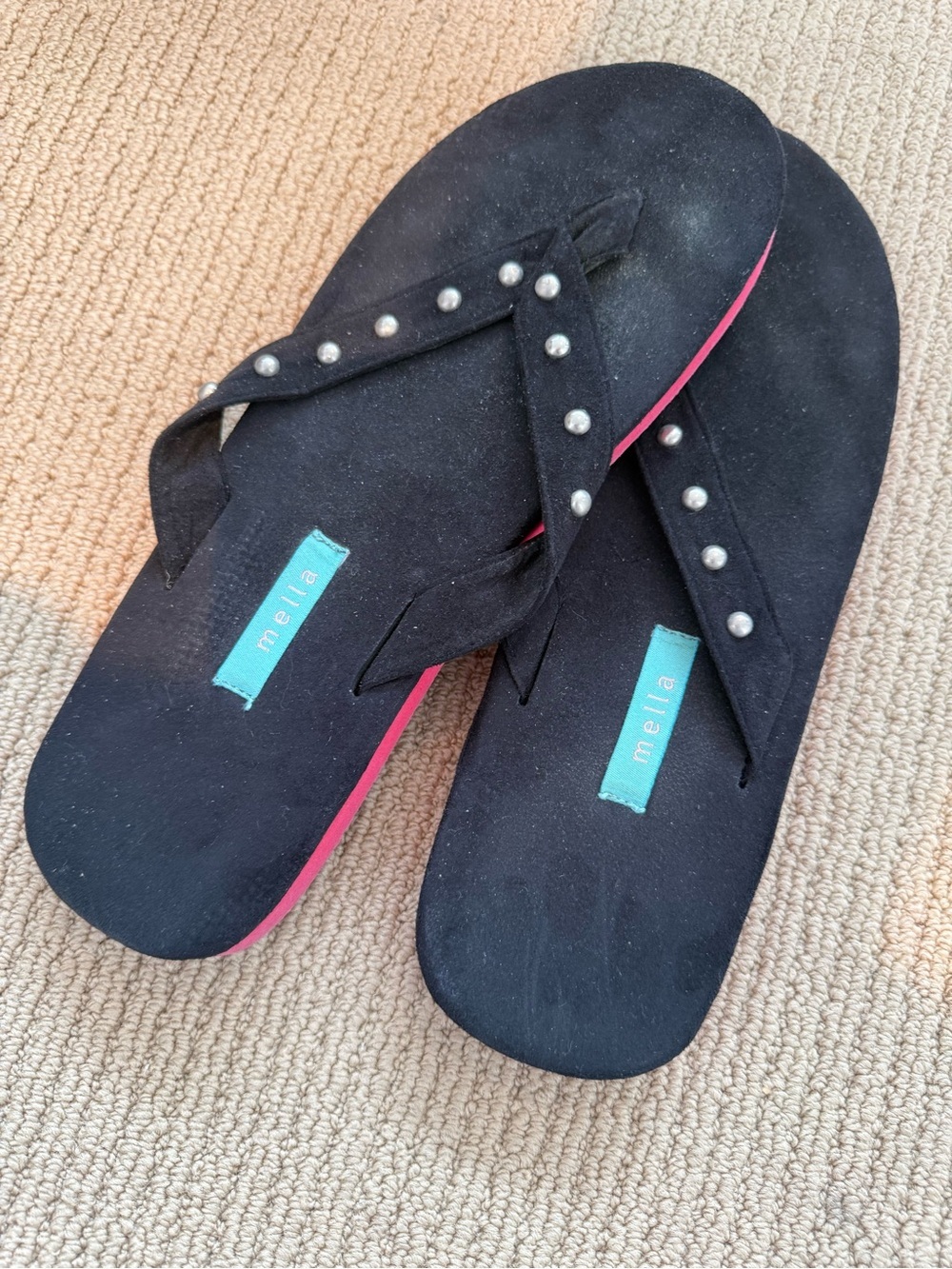 Mella Black Suede Studded Flip Flops Size 10
